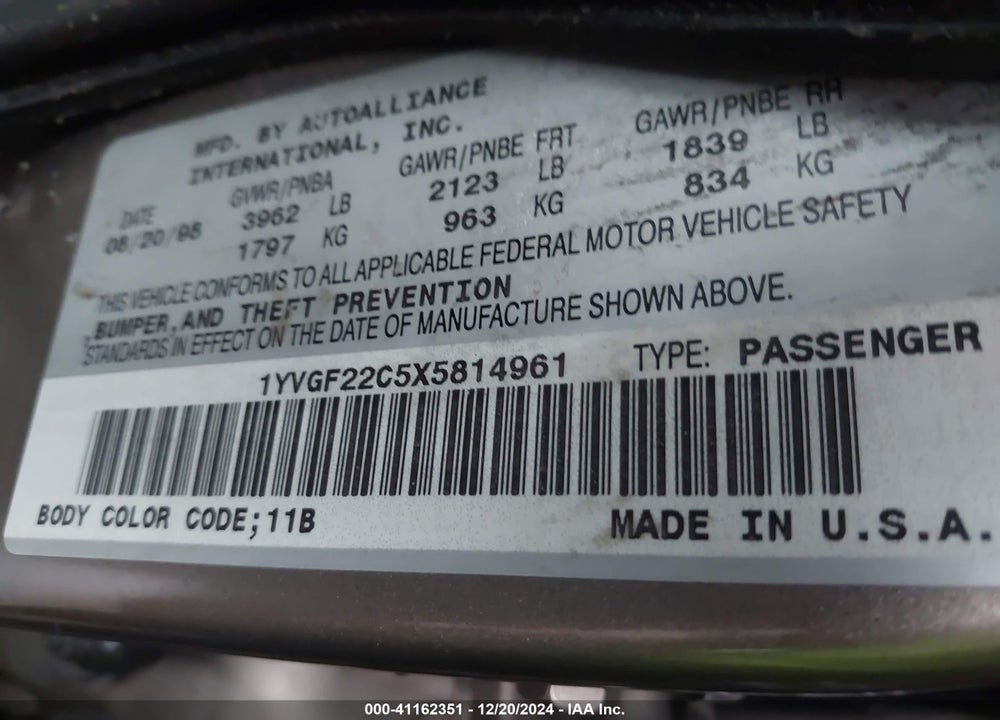 1999 MAZDA 626 ES/LX VIN: 1YVGF22C5X5814961