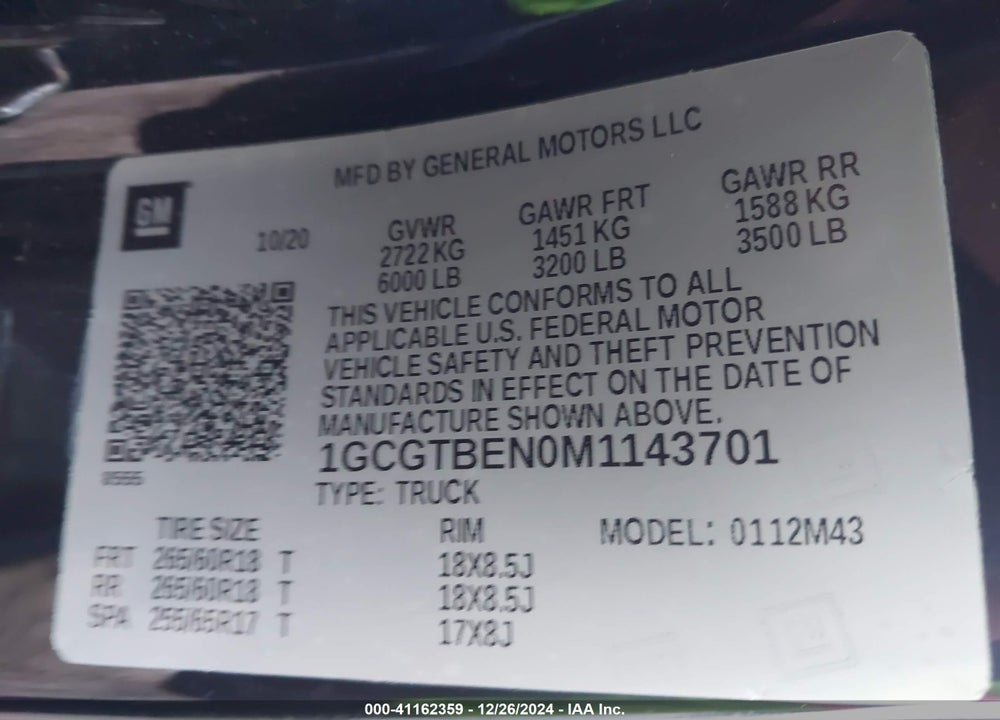 2021 CHEVROLET COLORADO VIN: 1GCGTBEN0M1143701