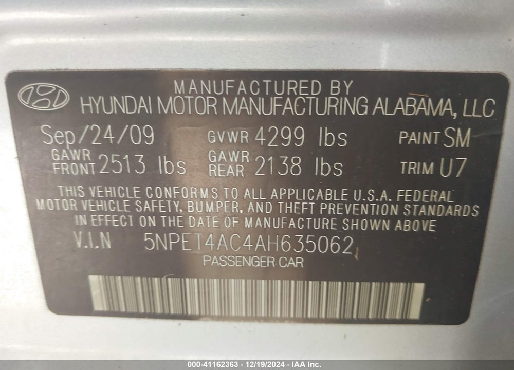 2010 HYUNDAI SONATA GLS VIN: 5NPET4AC4AH635062