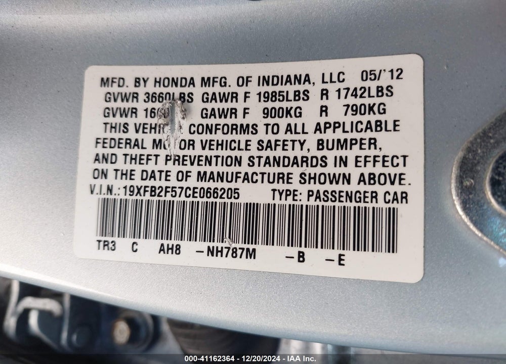 2012 HONDA CIVIC SDN LX VIN: 19XFB2F57CE066205