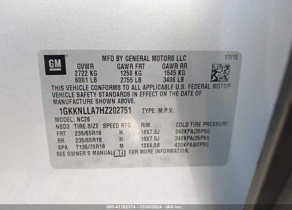 2017 GMC ACADIA SLE-2 VIN: 1GKKNLLA7HZ202751