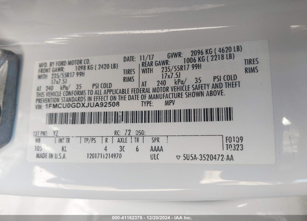 2018 FORD ESCAPE SE VIN: 1FMCU0GDXJUA92508