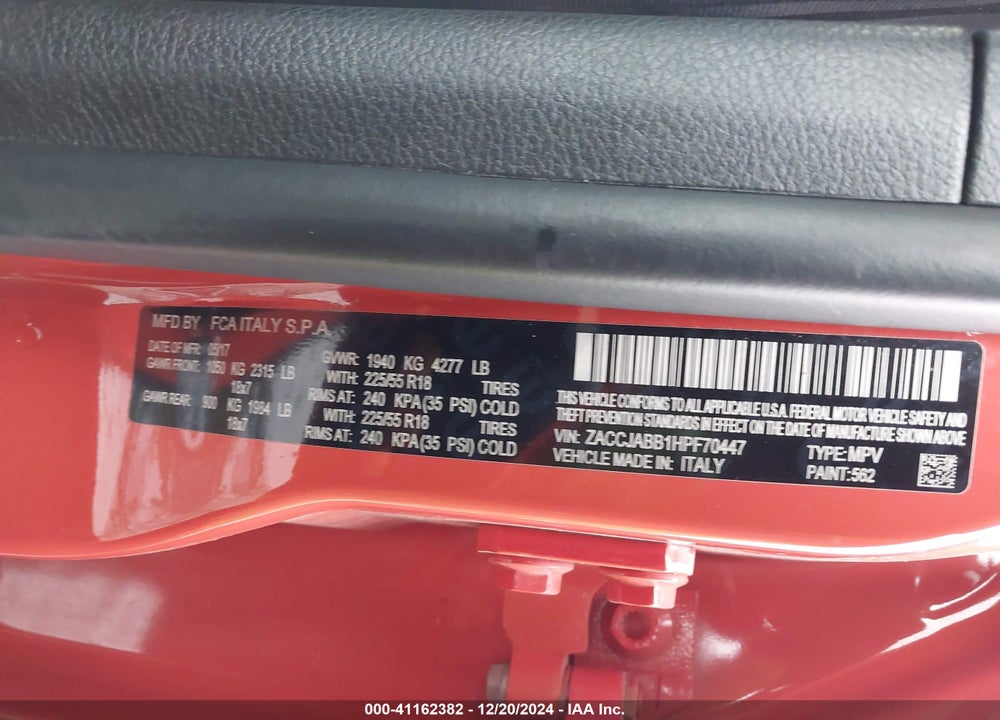 2017 JEEP RENEGADE ALTITUDE FWD VIN: ZACCJABB1HPF70447