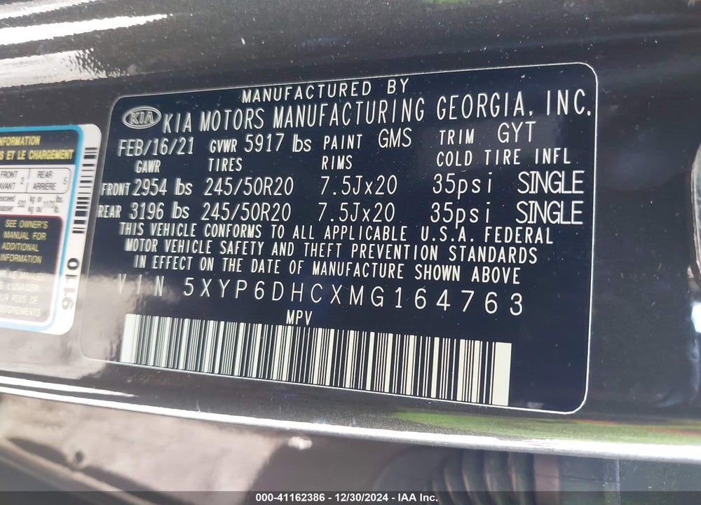 2021 KIA TELLURIDE S VIN: 5XYP6DHCXMG164763