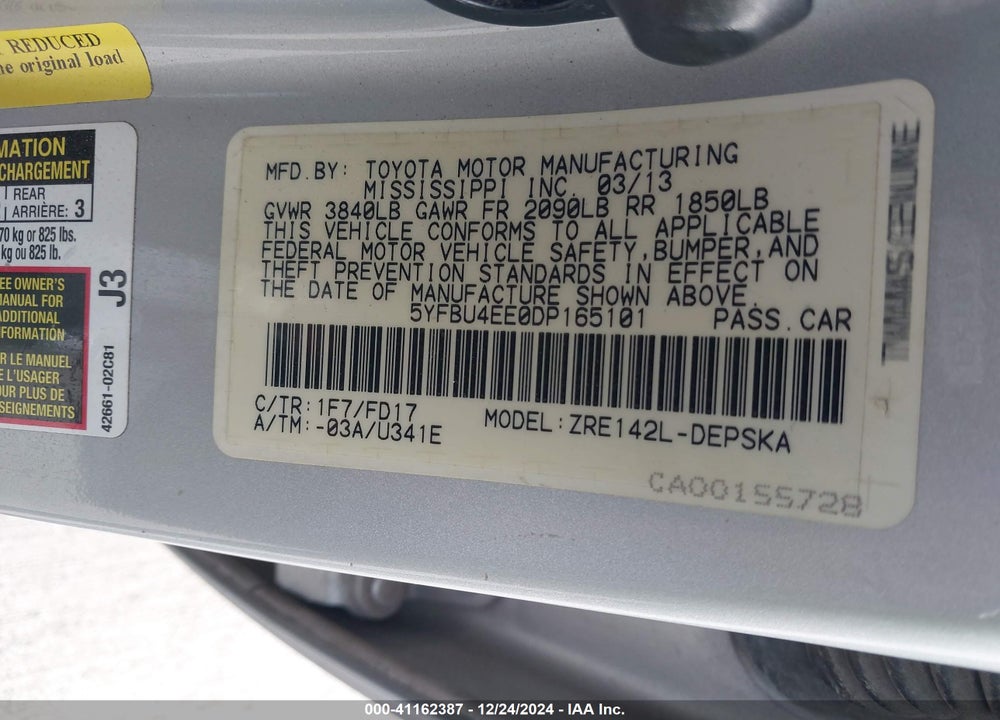 2013 TOYOTA COROLLA S VIN: 5YFBU4EE0DP165101