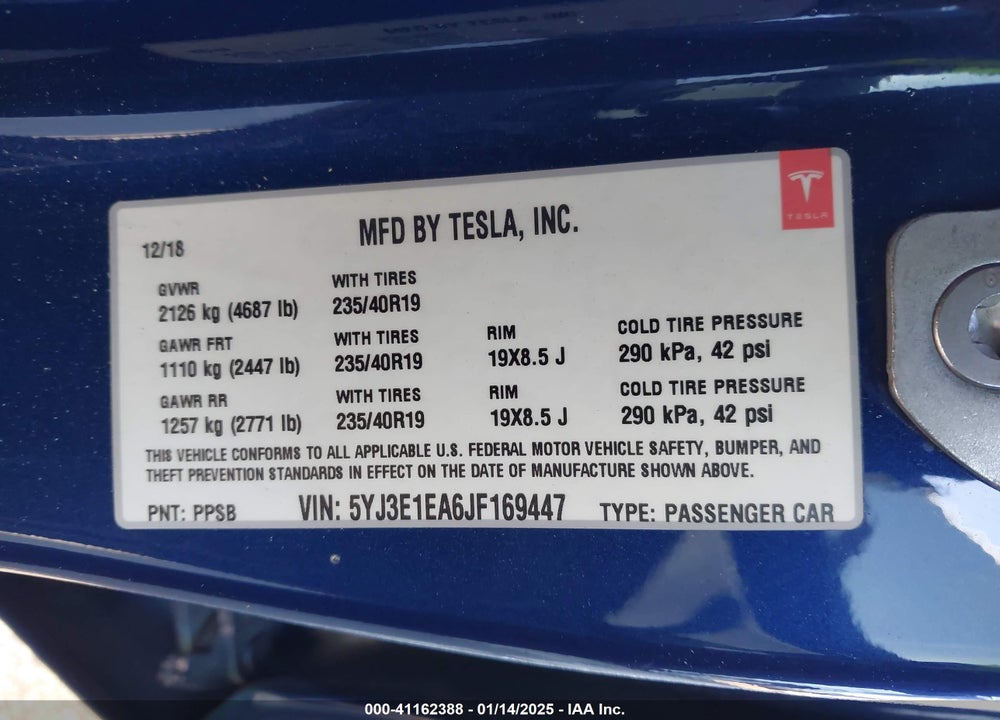 2018 TESL MODEL 3 RWD W/LONG R VIN: 5YJ3E1EA6JF169447