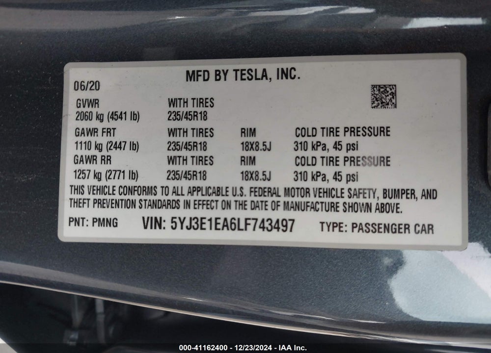 2020 TESLA MODEL 3 STANDARD RANGE PLUS REAR-WHEEL DRIVE/STANDARD RANGE REAR-WHEEL DRIVE VIN: 5YJ3E1EA6LF743497