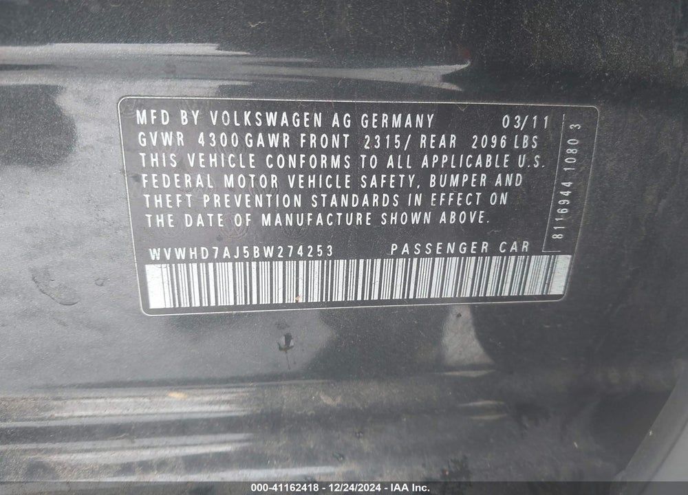 2011 VOLKSWAGEN GTI VIN: WVWHD7AJ5BW274253