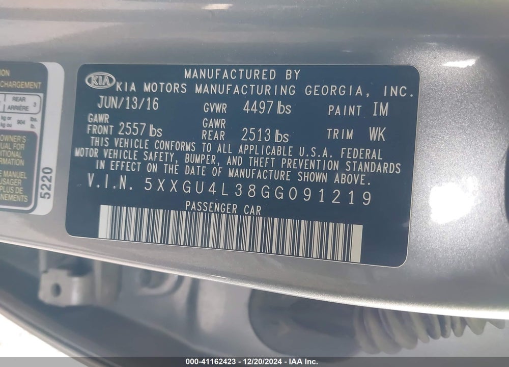 2016 KIA OPTIMA VIN: 5XXGU4L38GG091219