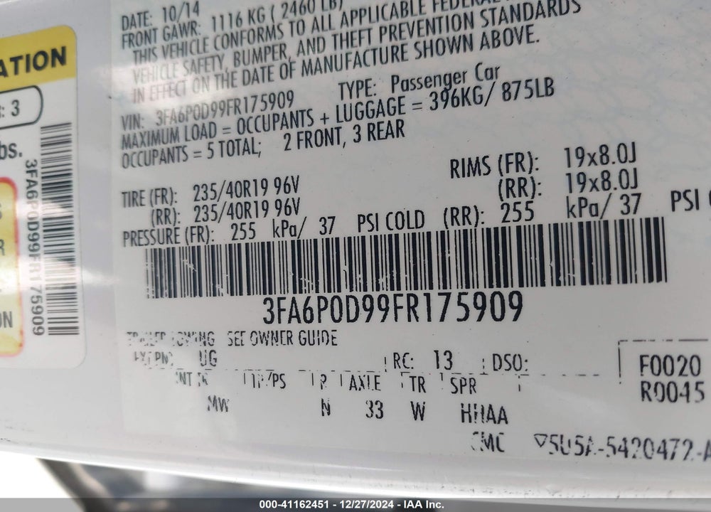 2015 FORD FUSION TITANIUM VIN: 3FA6P0D99FR175909