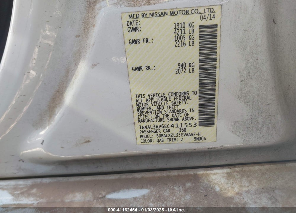 2014 NISSAN ALTIMA 2.5 SL VIN: 1N4AL3AP6EC411553