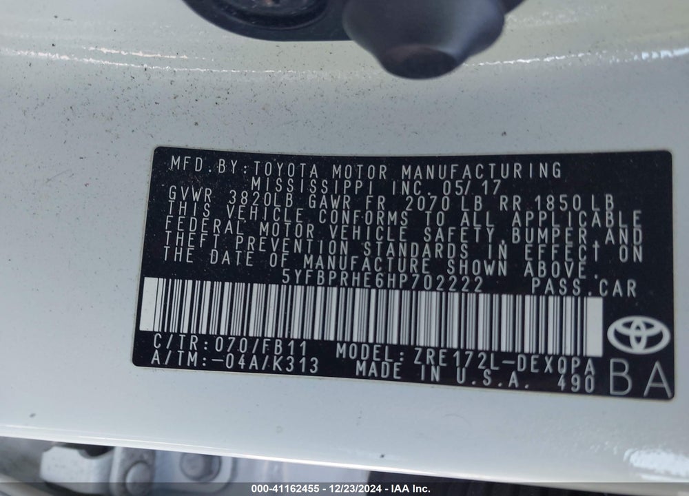 2017 TOYOTA COROLLA VIN: 5YFBPRHE6HP702222