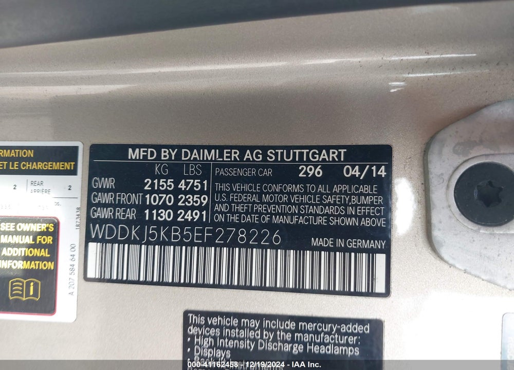 2014 MERCEDES-BENZ E 350 VIN: WDDKJ5KB5EF278226