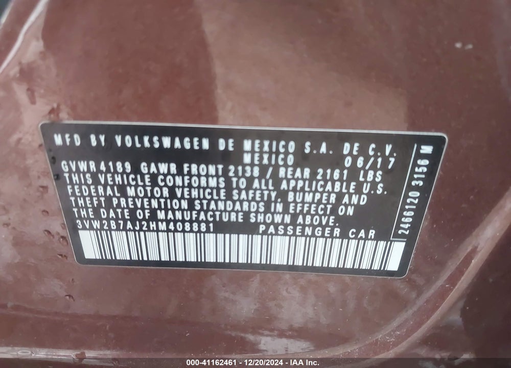 2017 VOLKSWAGEN JETTA VIN: 3VW2B7AJ2HM408881