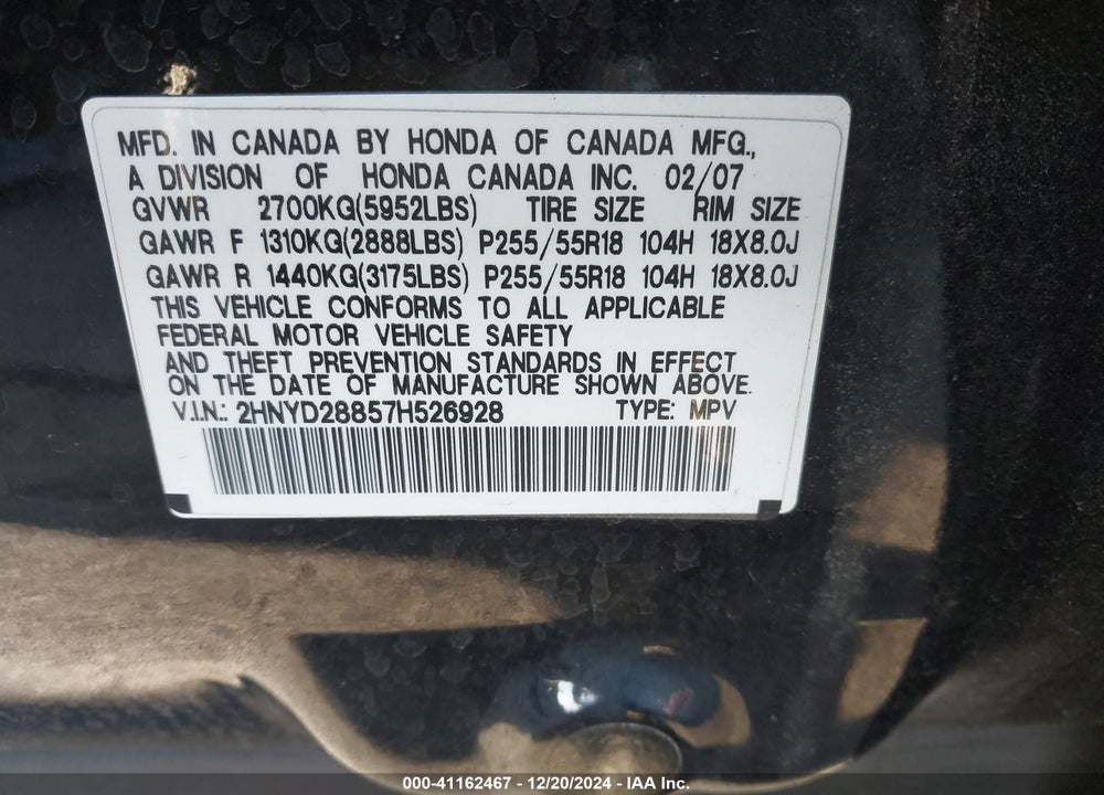 2007 ACURA MDX SPORT PACKAGE VIN: 2HNYD28857H526928