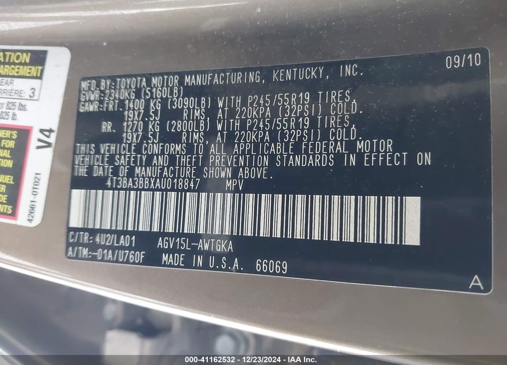 2010 TOYOTA VENZA VIN: 4T3BA3BBXAU018847