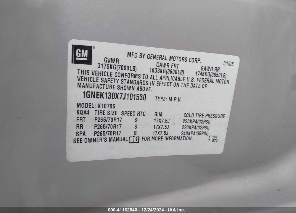 2007 CHEVROLET TAHOE VIN: 1GNEK130X7J101530