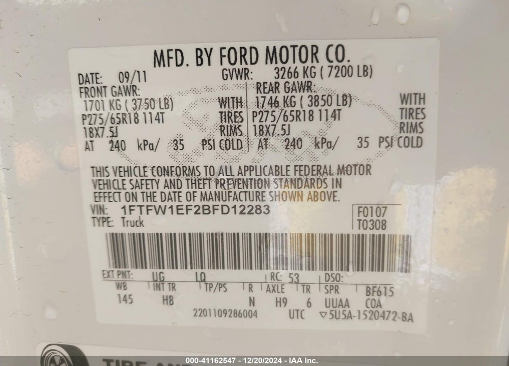 2011 FORD F-150 LARIAT VIN: 1FTFW1EF2BFD12283