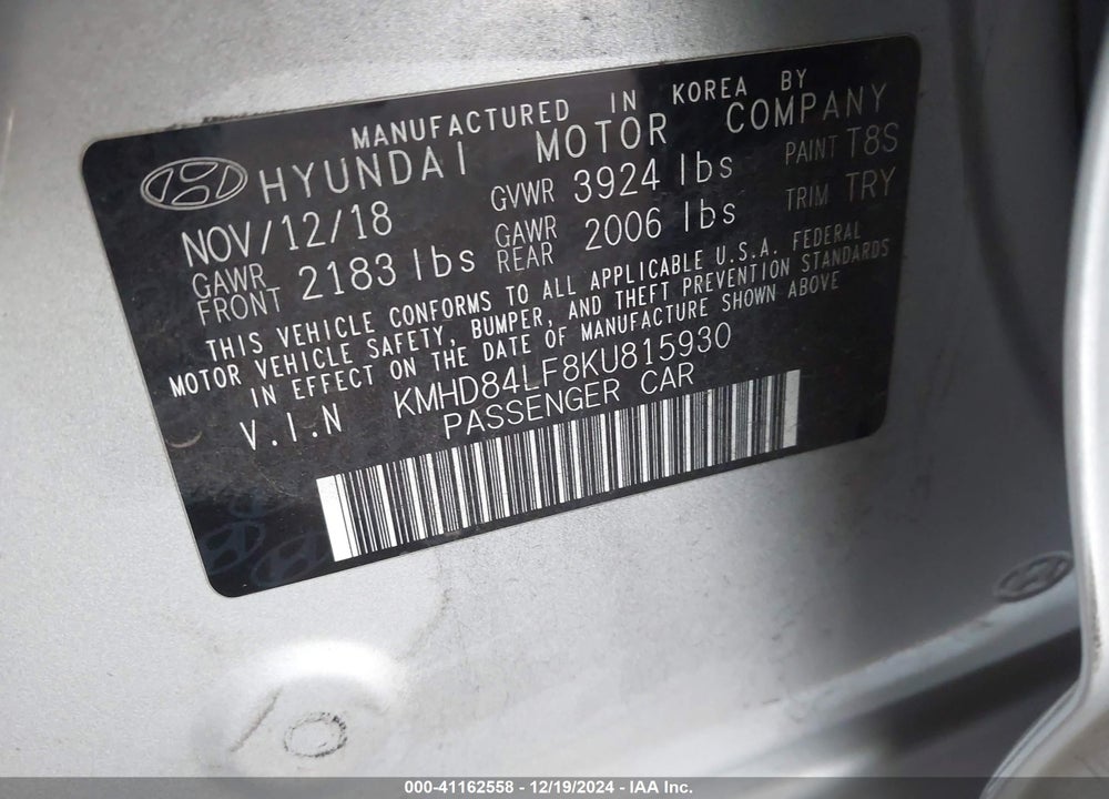 2019 HYUNDAI ELANTRA VIN: KMHD84LF8KU815930