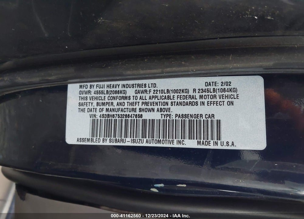 2002 SUBARU OUTBACK VIN: 4S3BH675326647658