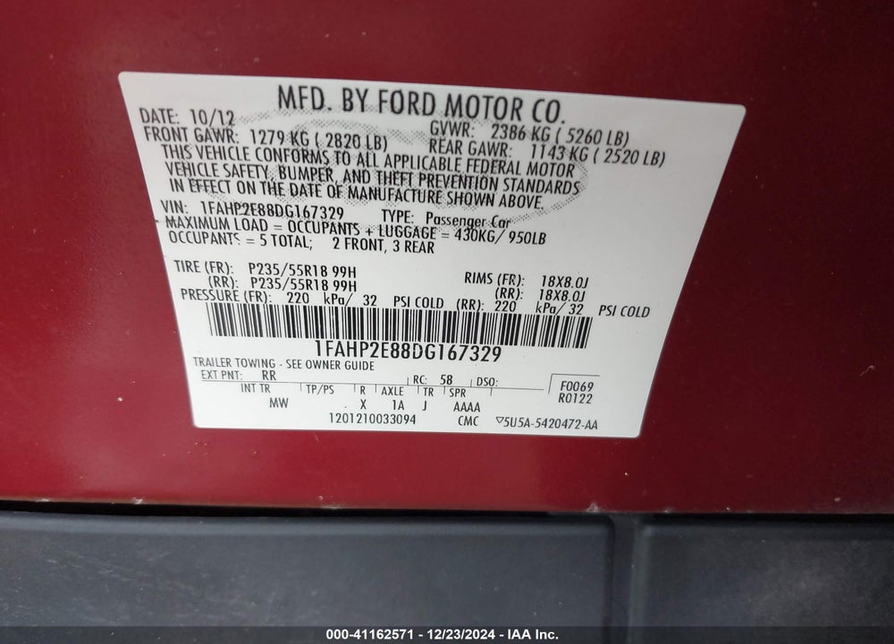 2013 FORD TAURUS VIN: 1FAHP2E88DG167329