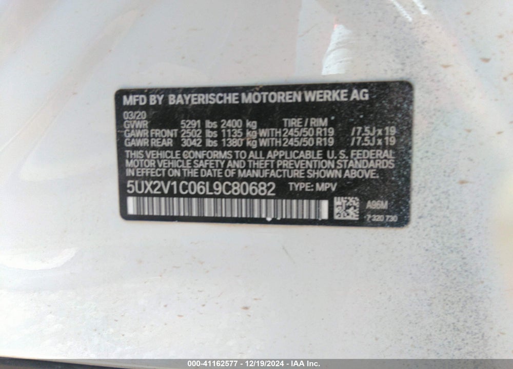 2020 BMW X4 XDRIVE30I VIN: 5UX2V1C06L9C80682