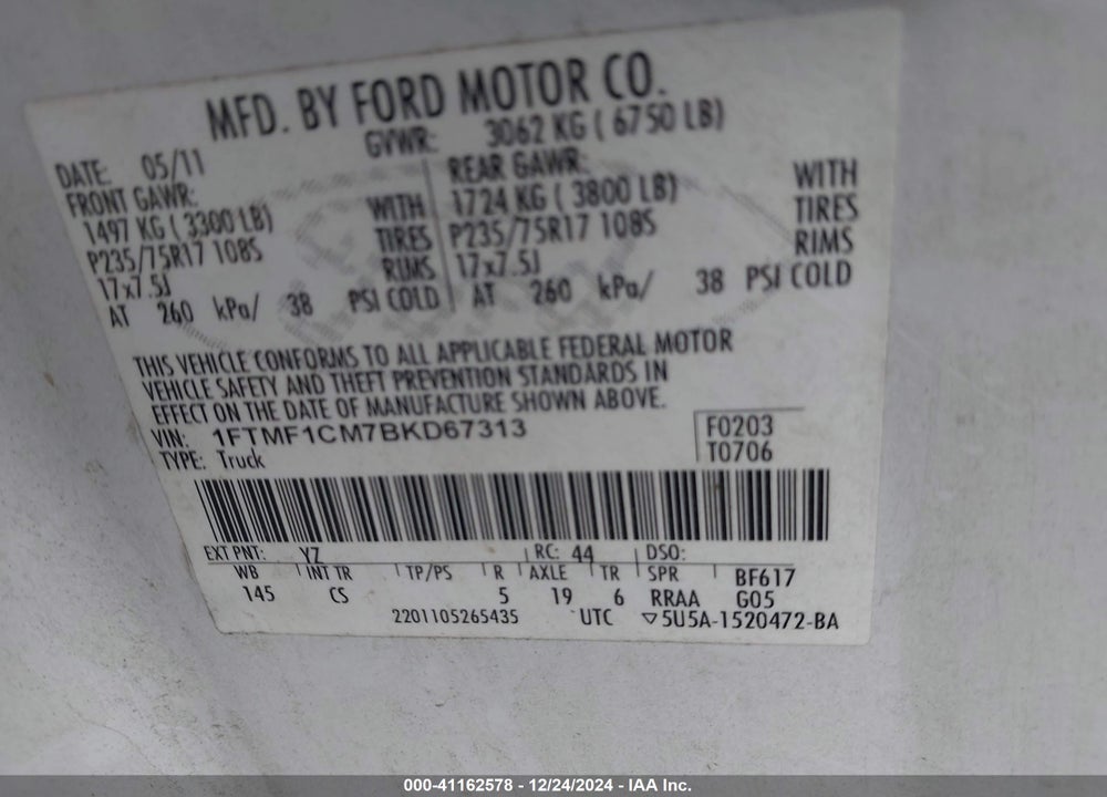 2011 FORD F-150 XL VIN: 1FTMF1CM7BKD67313