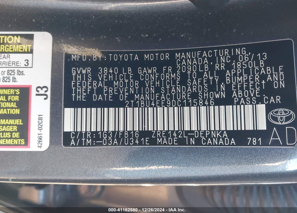 2013 TOYOTA COROLLA LE VIN: 2T1BU4EE9DC115846