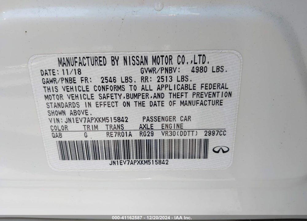 2019 INFINITI Q50 3.0T LUXE VIN: JN1EV7APXKM515842
