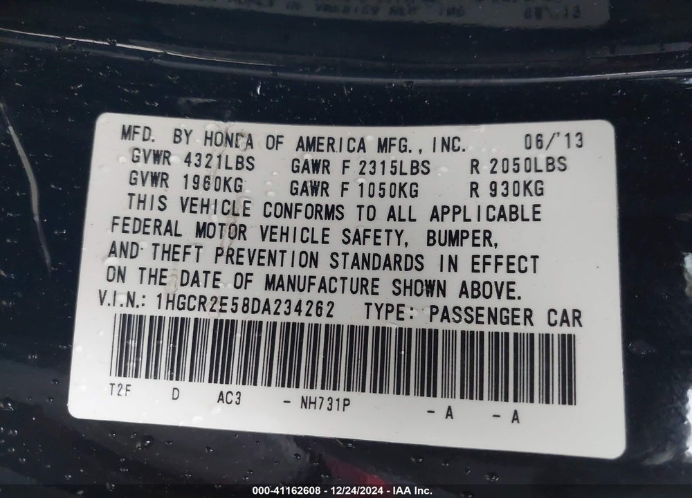 2013 HONDA ACCORD SPORT VIN: 1HGCR2E58DA234262