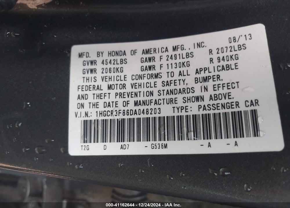 2013 HONDA ACCORD EX-L V-6 VIN: 1HGCR3F86DA048203