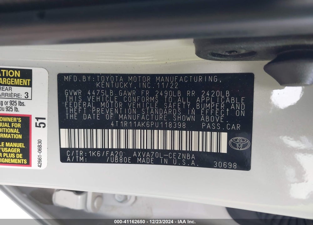 2023 TOYOTA CAMRY VIN: 4T1R11AK6PU118398
