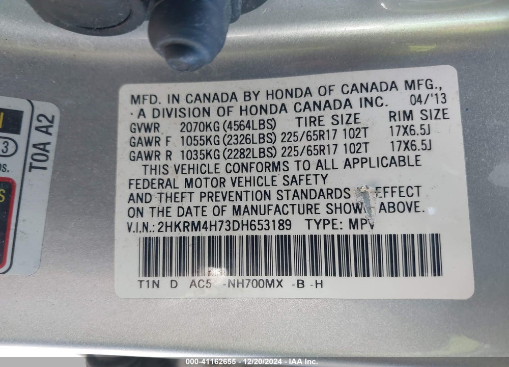 2013 HONDA CR-V EX-L VIN: 2HKRM4H73DH653189