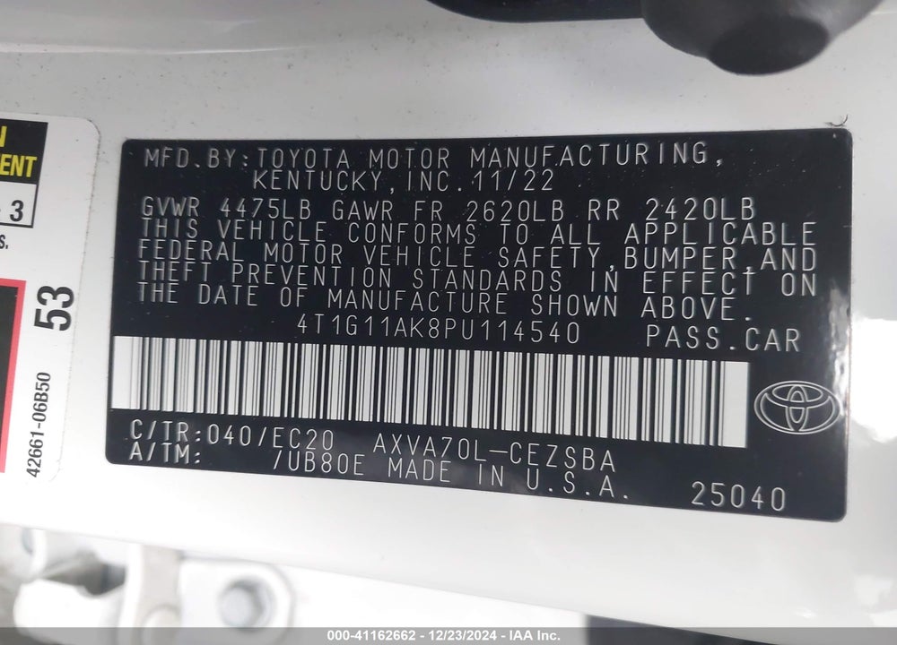 2023 TOYOTA CAMRY VIN: 4T1G11AK8PU114540
