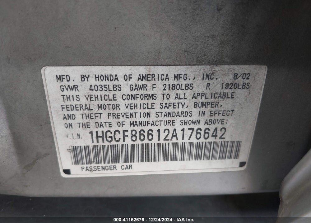 2002 HONDA ACCORD 2.3 VP VIN: 1HGCF86612A176642