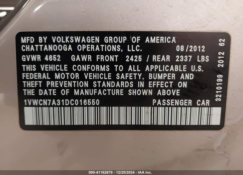 2013 VOLKSWAGEN PASSAT VIN: 1VWCN7A31DC016550