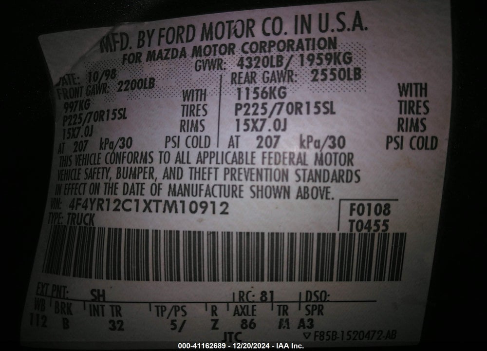 1999 MAZDA B2500 SE/SX/TL VIN: 4F4YR12C1XTM10912