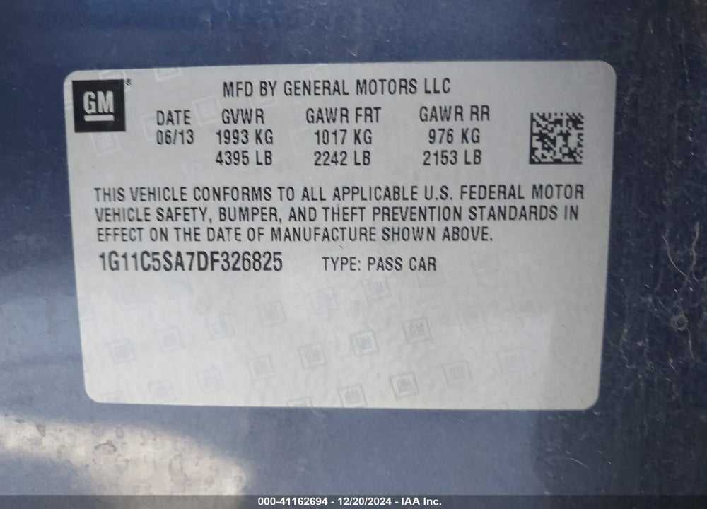 2013 CHEVROLET MALIBU VIN: 1G11C5SA7DF326825