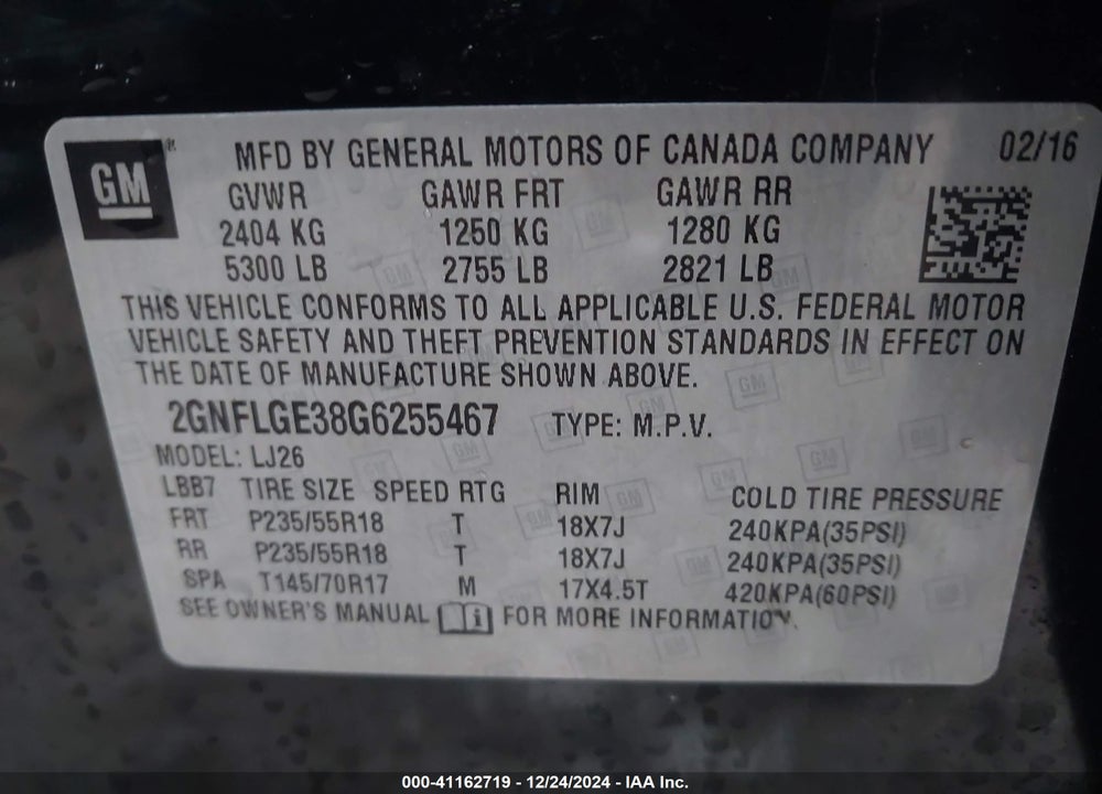 2016 CHEVROLET EQUINOX VIN: 2GNFLGE38G6255467