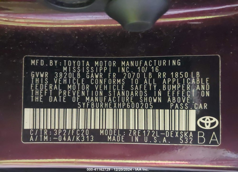 2017 TOYOTA COROLLA SE SPECIAL EDITION VIN: 5YFBURHEXHP600205