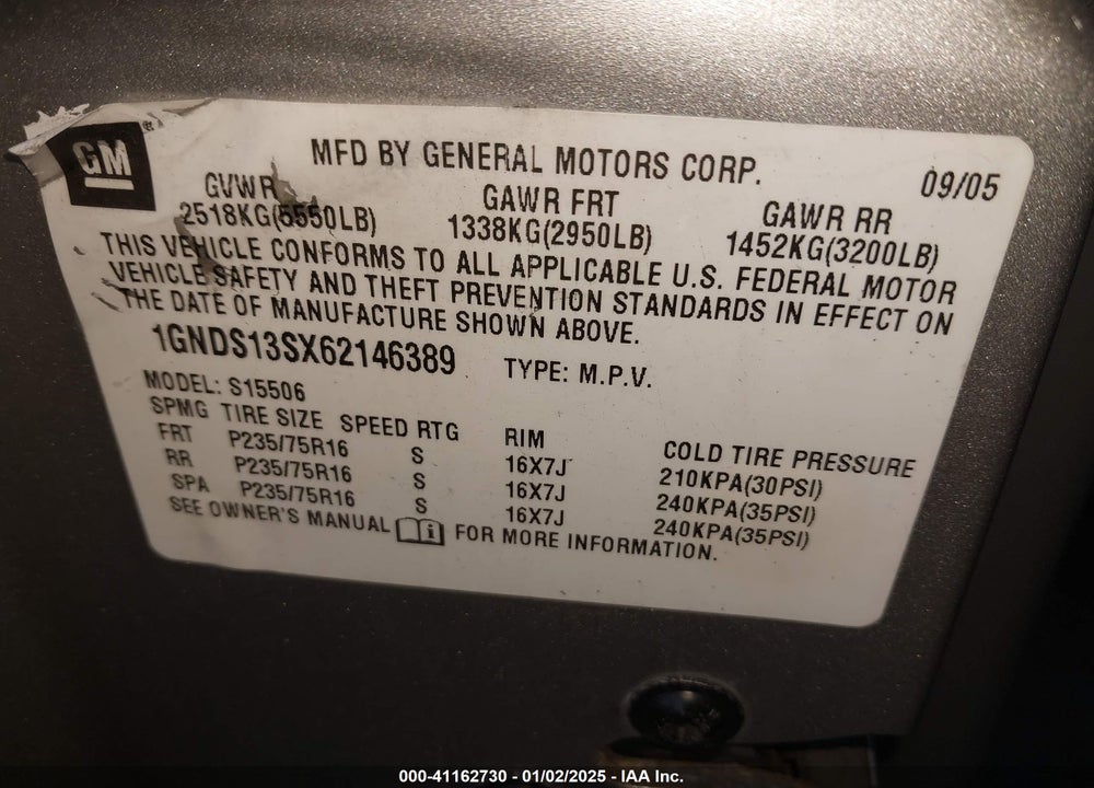 2006 CHEVROLET TRAILBLAZER LS VIN: 1GNDS13SX62146389