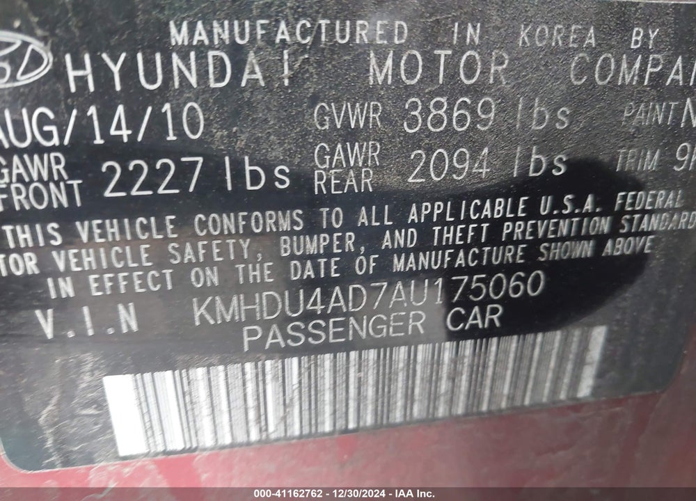 2010 HYUNDAI ELANTRA GLS VIN: KMHDU4AD7AU175060