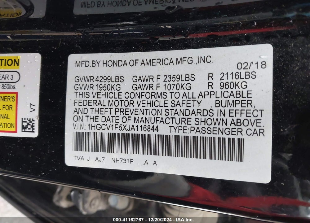 2018 HONDA ACCORD VIN: 1HGCV1F5XJA116844