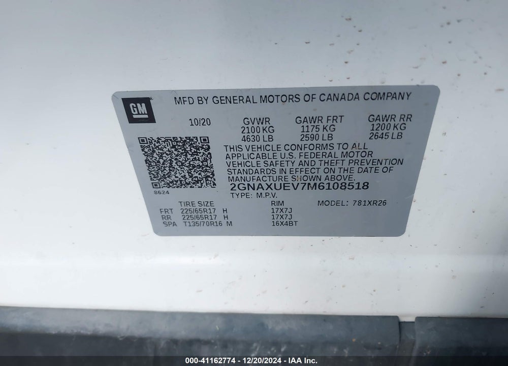 2021 CHEVROLET EQUINOX AWD LT VIN: 2GNAXUEV7M6108518