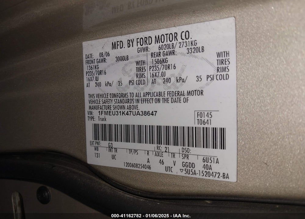 2007 FORD EXPLORER SPORT TRAC VIN: 1FMEU31K47UA38647