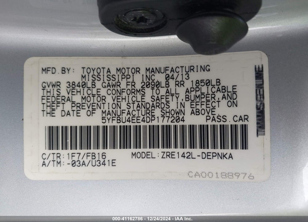 2013 TOYOTA COROLLA LE VIN: 5YFBU4EE4DP177204