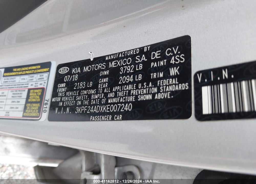 2019 KIA FORTE VIN: 3KPF24ADXKE007240