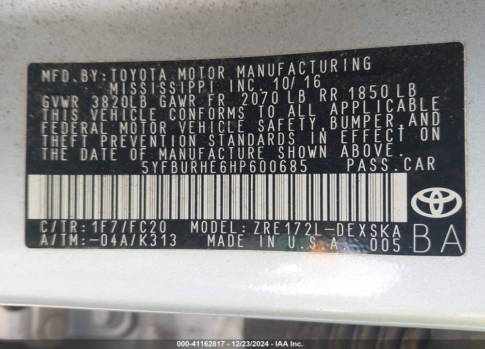 2017 TOYOTA COROLLA VIN: 5YFBURHE6HP600685