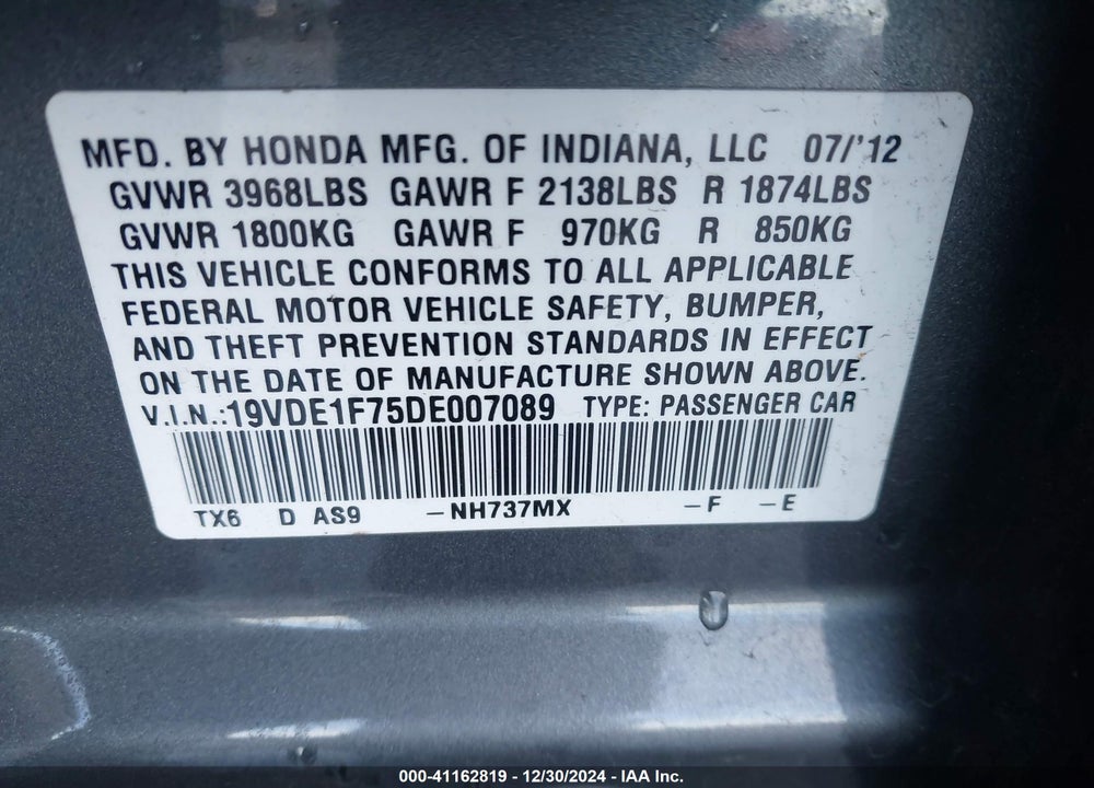 2013 ACURA ILX 2.0L VIN: 19VDE1F75DE007089