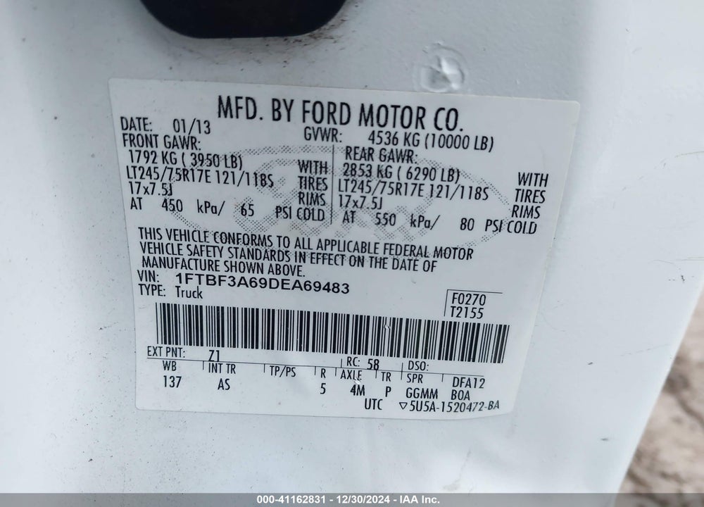 2013 FORD F 350 VIN: 1FTBF3A69DEA69483